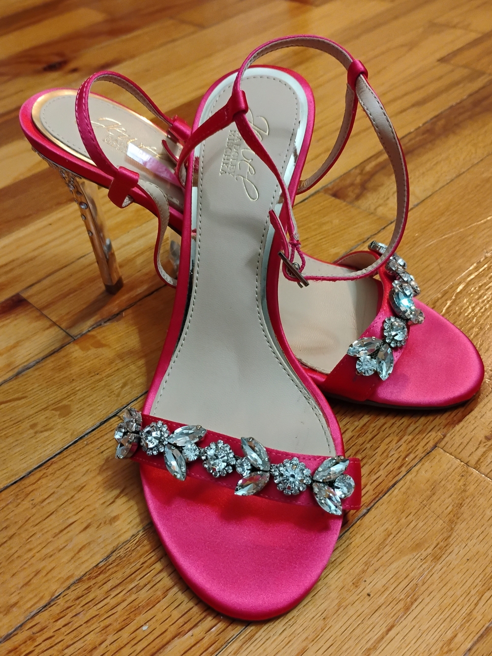 Badgley Mischka Hot Pink Satin Crystal-Embellished Ankle-Strap Heels